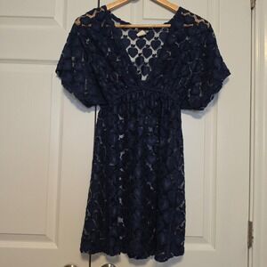 Cover Me Heart Lace Deep V-Neck Empire Waist Mini Dress Navy Blue Medium